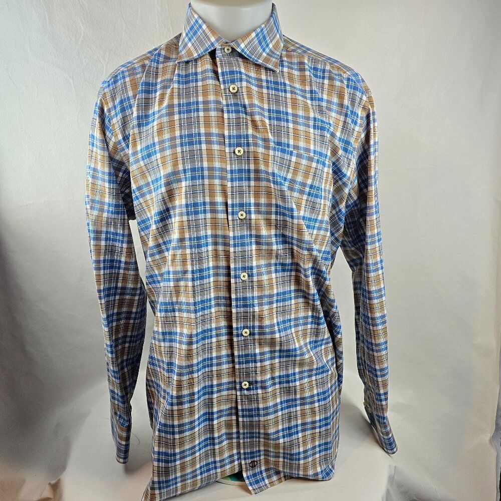 David Donahue Shirt Mens XL Blue Brown Plaid Button Up Dressy Classic Office